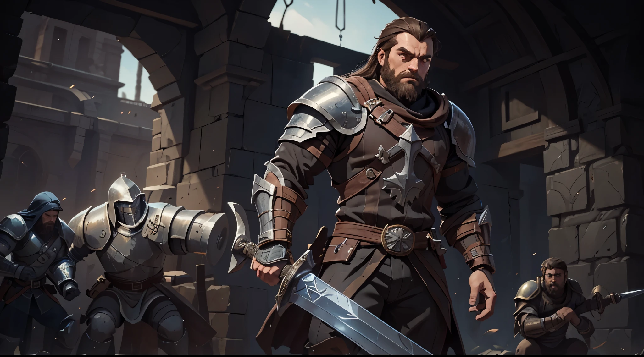 1boy, glowing fist, game character, character portrait, (dota 2 aesthetic), digital art, battlefield, 8k, hd, wearing heavy knight armor, holding (big claymore sword), big sword on right hands, ruins, black beards, long hairs, surrounded by enemies,