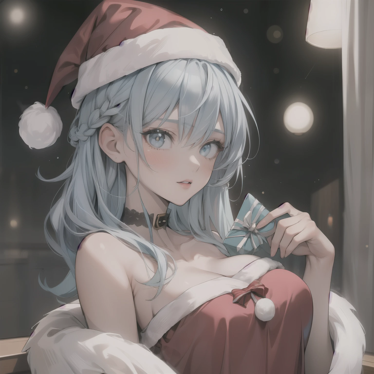 Girl with long light blue hair opening present on Christmas’s, adult, medium size breast, wearing Christmas hat
