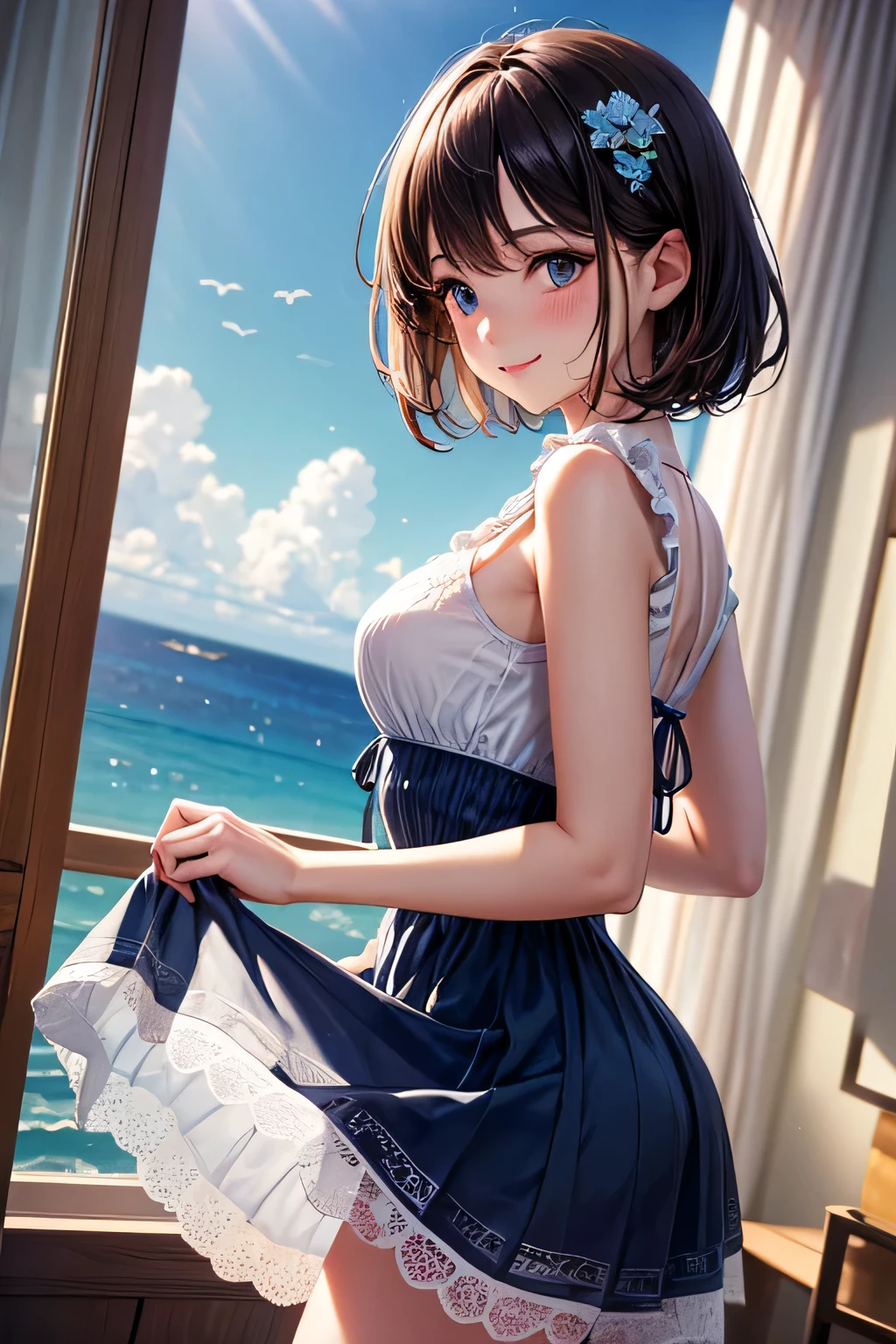 very cute and beautiful girl standing near the window,(Ruffled floral blue summer dress with fine lace),No sleeve,(skirt lift,white panties), (very detailed美しい顔と目:1.2),Antique hotel bedroom with outside view,distant tree々and the sea, cowboy shot,smile,blush,medium hair,black hair,dynamic angle,(highest quality,masterpiece:1.2),(intricate details),super detailed,movie-like scene, very detailed,High resolution,alone,Natural light,particles of light,beautiful and detailed sky,