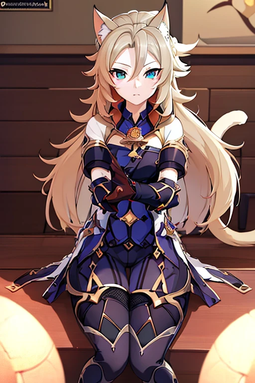 One Girl,Knight,blonde, ponytail,blue eyes, kneeling,defeated, surrendering,golden armour with blue cloak 