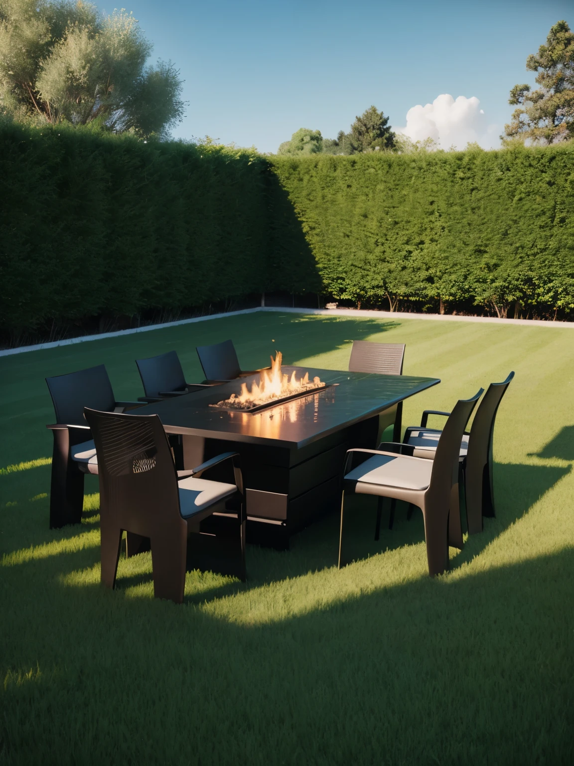 large lawn,Invisible log grill,Ebony tables and chairs,bush,hyper-realistic,3d,Understated luxury