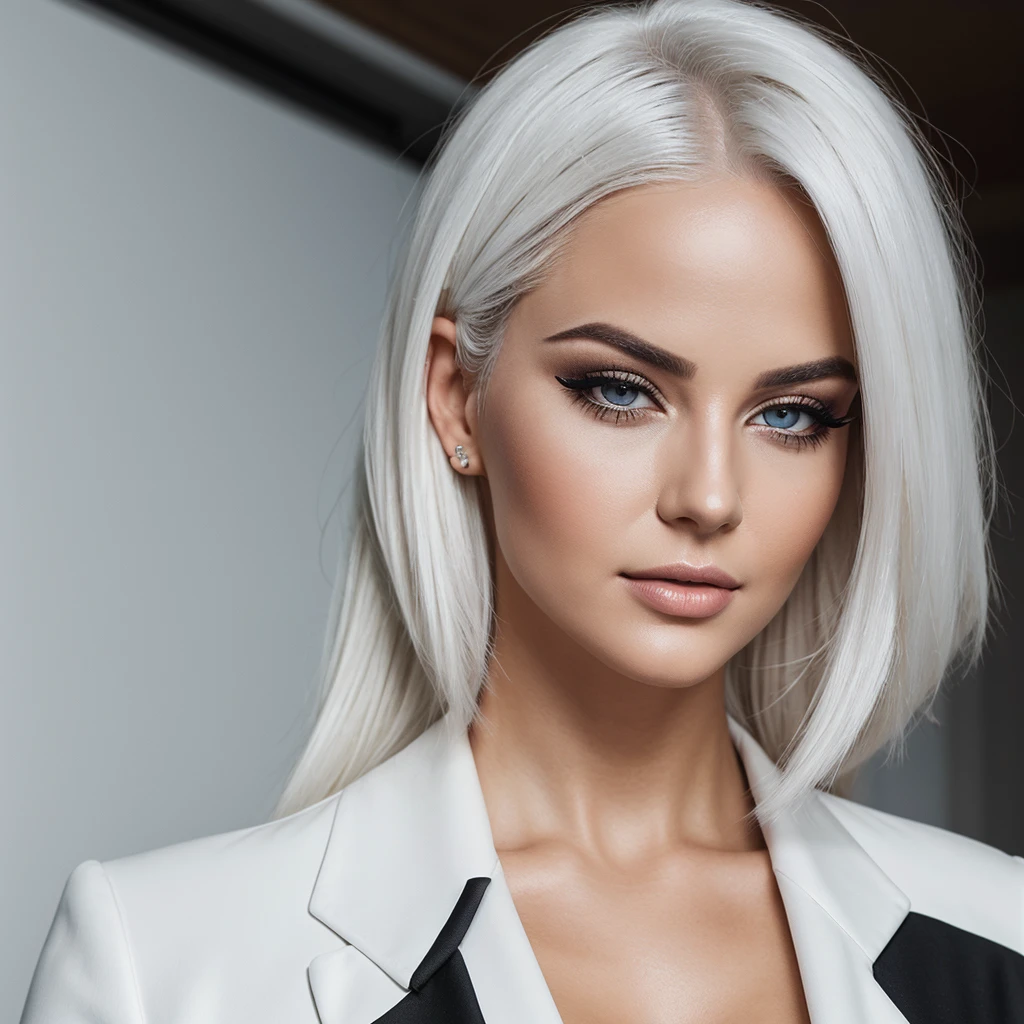 Realistic photography of 25 year old white haired bombshell (masterpiece), attractive female face, black eyeliner and shadows, big round breast, female's sleek white business suit, office suit, POV European face type, great detail, POV, cinematic, realistic.