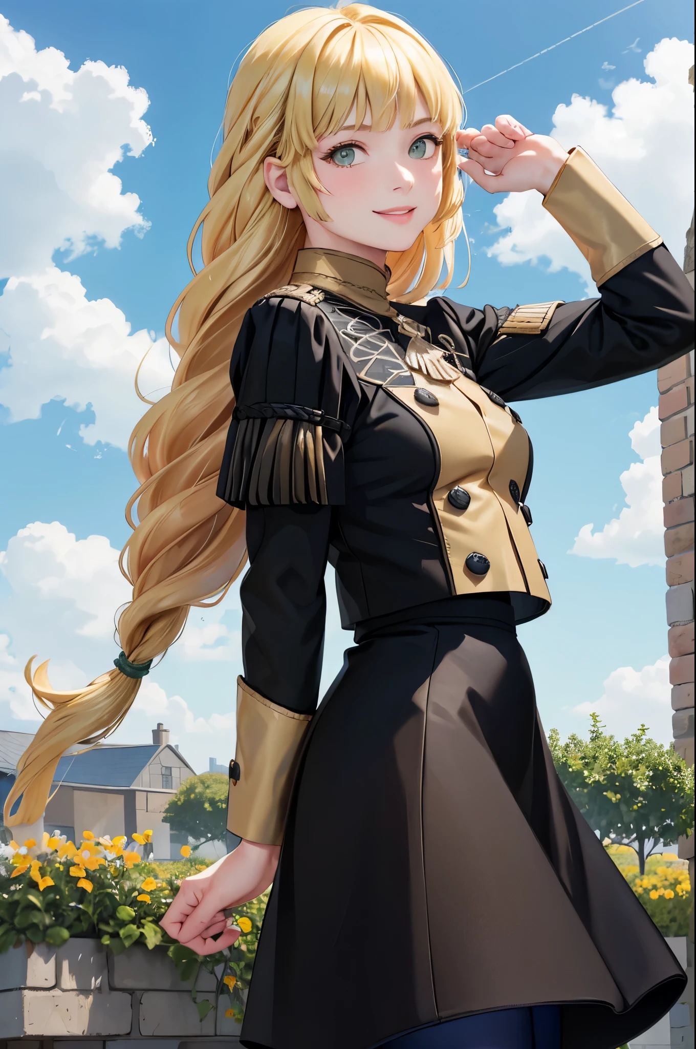 masterpiece, best quality,  defingrid, bangs, braided ponytail, black jacket, black skirt, blue pantyhose, looking at viewer, smile, garden, blue sky, clouds, upper body, cowboy shot, standing