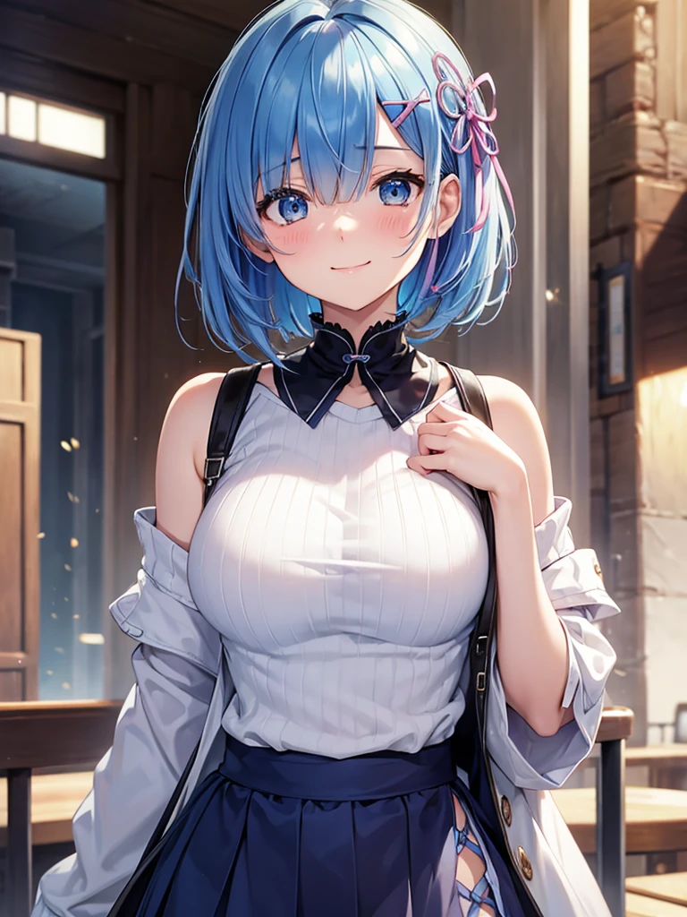 masterpiece,highest quality,High resolution ,1 girl,Rem, Re Zero, blue hair, short hair,straight hair, ((thin)),big breasts,white skin,sweater(Uncool),throw,more_detailed:-1, more_detailed:0, more_detailed:0.5, more_detailed:1, more_detailed:1.5,bags under eyes,smile, embarrassed face,
