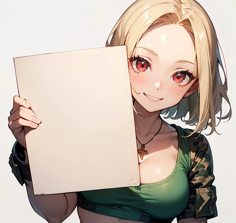 (((cleavage))), big boobs, full body,solo super cute army lady, solo, (((short straight blonde hair))), (((blonde))), (Bring out your forehead:1.2), (((red eyes))), evil smile, short camo cargo shorts, belt, (((green military sports bra))), fit, little cross necklace, beautiful, masterpiece, best quality, full body, (((white background))), (anime,8k,masterpiece, top quality, best quality, beautiful and aesthetic:1.2,professional illustrasion:1.1,(Europe girl),(super model, super idol, perfect face, beautiful face, beautiful hair, beautiful eyes, happy, blank background, holding sign with both hands
