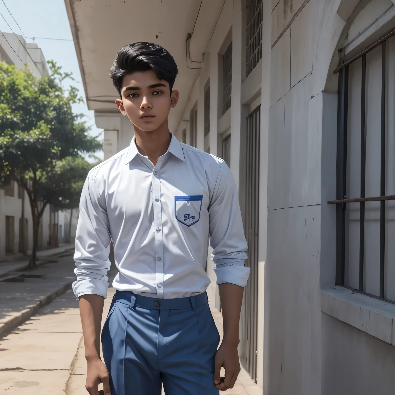 ************ boy wearing white shirt and gray pant anda a logo in blue colour written collectorate school and college 