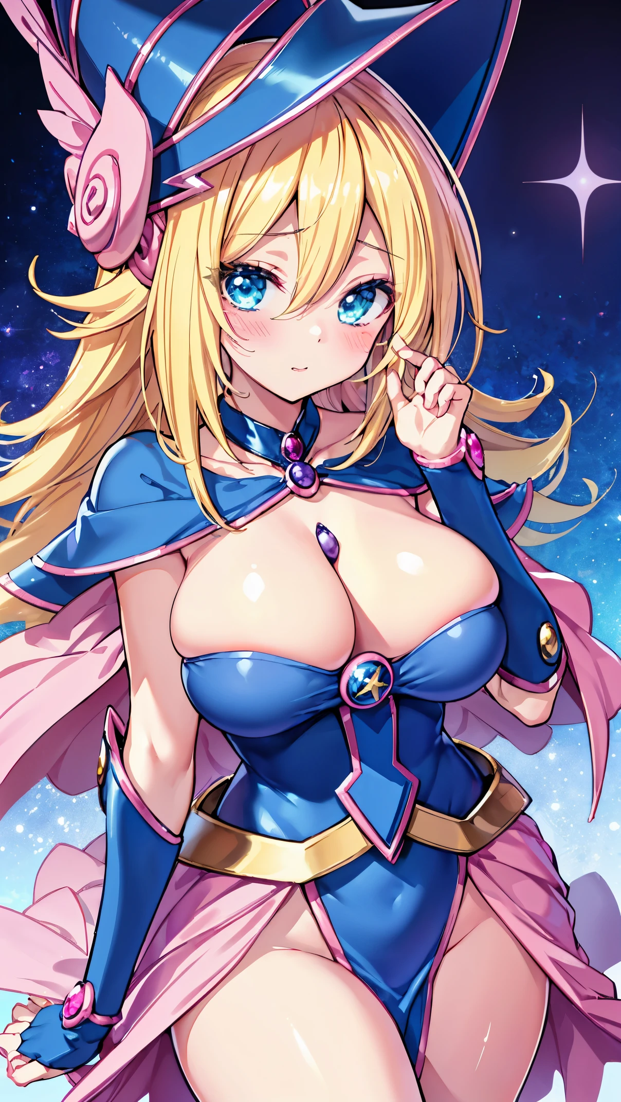 Black Magician Girl、super breasts、thick thighs、blonde hair、magic circle、8K, 4k, highest quality, High resolution: 1.2),winking、One breast exposed、cute anime face、Pink blush on cheeks、noise removal