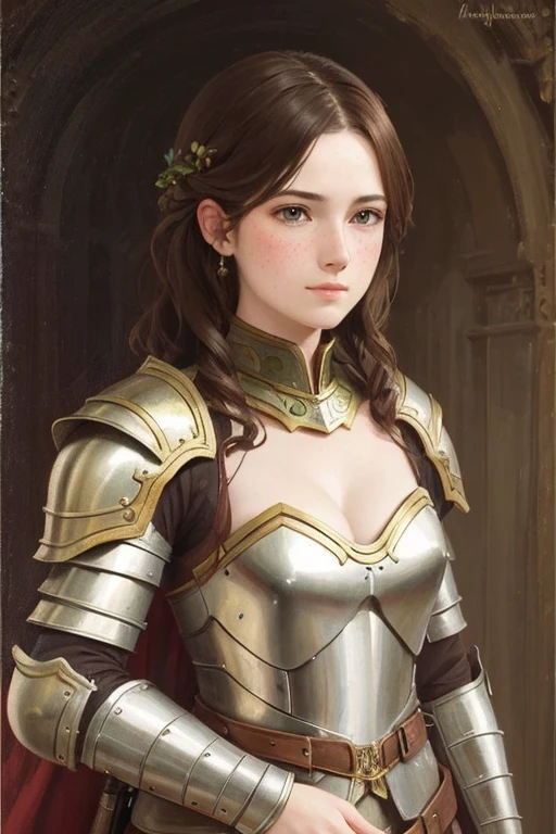 Beautiful woman, short wavy brown hair, rough pale skin, freckles. Goddess, fancy revealing armor, knights armor, heroine, blushing, best quality, oil painting, painting, classical painting, classical portrait, renaissance portrait