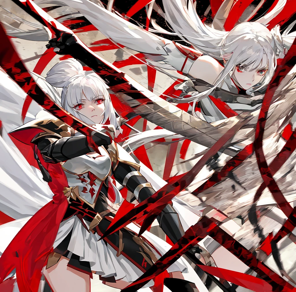 A white-haired female warrior who is fighting in an armor mainly red with black trim.