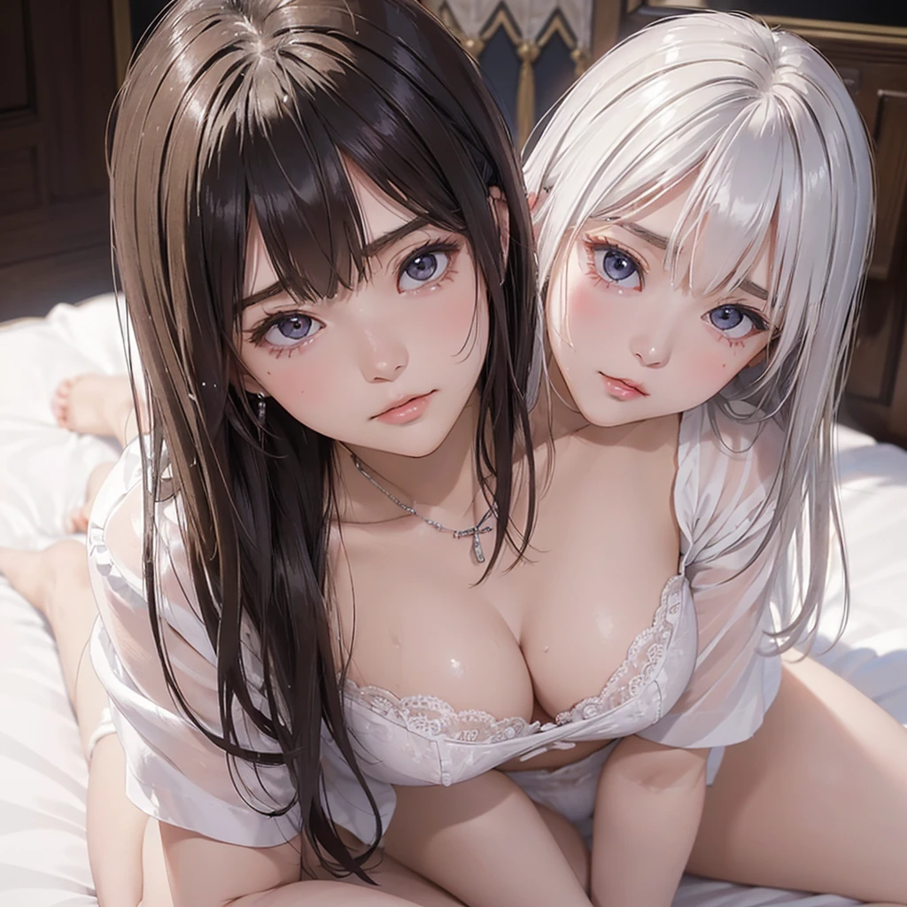 (masutepiece: 1.3), (max resolution: 1.2), (Ultra HDTV: 1.2), cinematric light, 8K resolution, Detailed eyes and skin, detailed facial features, , (Sharp Focus: 1.2), (Focus on Face:1.2),Perfect Style, Beautiful face, acurate, Anatomically correct, ノ Highly detailed facial and skin texture, Detailed eyes, Double eyelids, Thin eyebrows, Glitter Eyeliner: 1 Natural cheeks, Glossy skin, Fair skin: 1.2, (Glossy lips: 1.4),、 (Shy look: 1.2),Highly detailed facial and skin texture, Detailed eyes, Double eyelids, Natural cheeks, , shiny lips: 1.4,Exposed cleavage、Sperm taken、Overflowing sperm、Flowing sperm、 red blush、humiliated、impatience、dismay、Frightened、glares、Sexually arousal、Provocation、embarrassed from、Open knees、open one's legs、 White underwear、White bra、Shiny little earrings and necklaces、Disheveled clothes、Dressing、Exposed panties、Wearing sweat、sodden、Sheer underwear、Stockings、 18 instars, Neat and clean woman,1 persons、 upturned breasts, Bedroom、(Lying next to you in bed:1.8)、From above、deep in the night、sexy pose、White-silver hair、a blond、A dark-haired、Blue ash eyes、Green ash eye、glares表情、full of sweat、