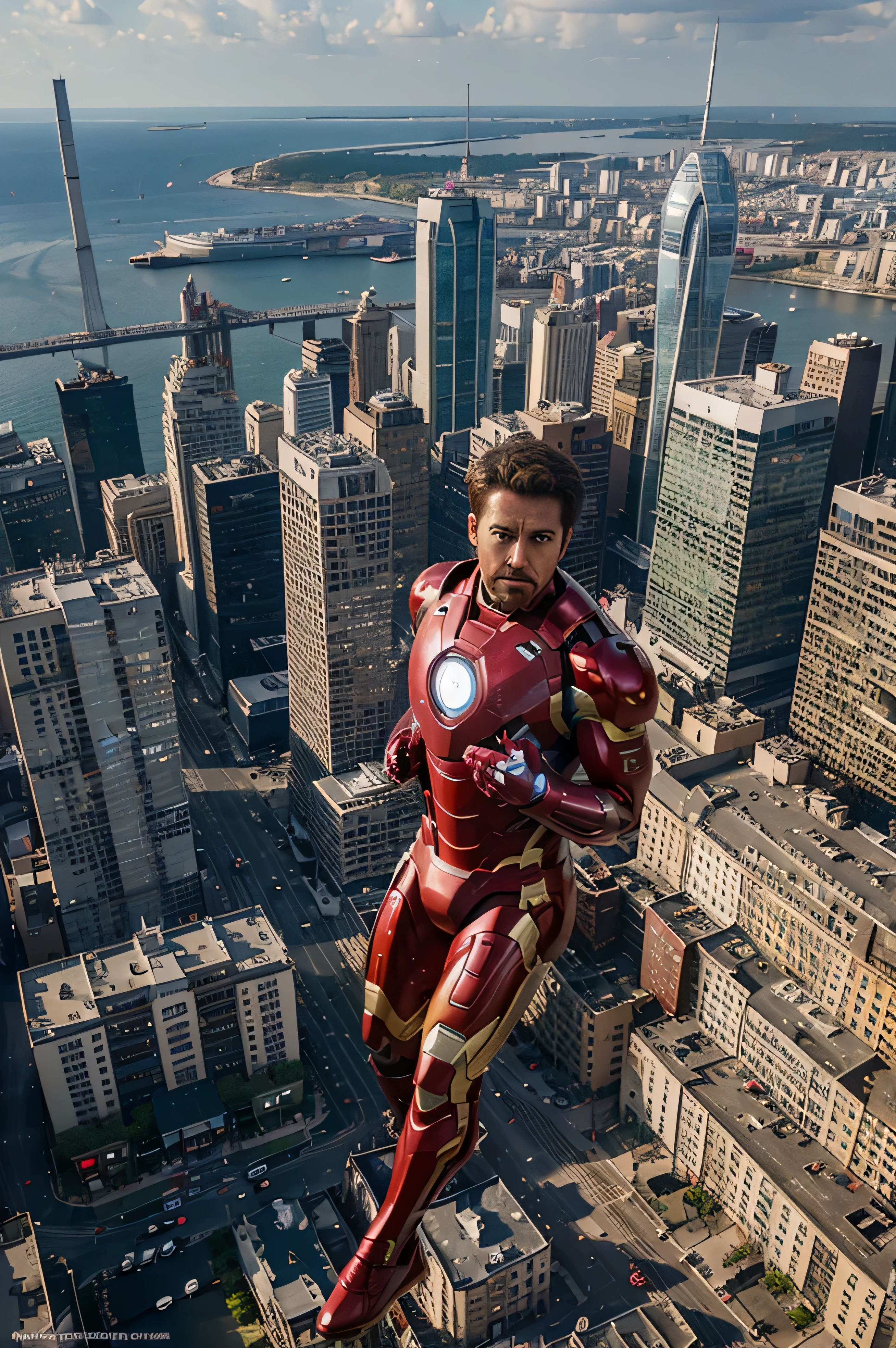 Iron man without mask, flying at the city, future technology, Using drone, Hyper-detailed, best quality, ultra-high resolution, HDR, 8K