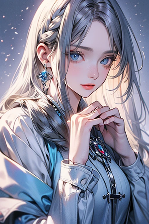 ((masterpiece:1.3)), ((realistic:1.3)), ((high quality:1.2)), ((very detailed art professional:1.1)), ((manhwa style:1.2)), solo, one girl, beautiful girl, charming person, 4K, 8K, she is wearing a dress Europa imperial kingdom in manhwa story, ((crystal blue eyes:1.2)), ((white silver long hair:1.2)), ((detailed hand:1.2, detailed eyes:1.2)), she is a pretty heroine character, ((innocent looks:1.0)), close up.