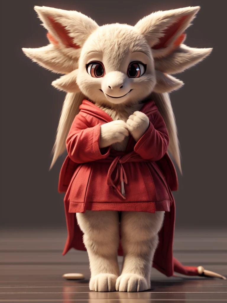 ((best quality)), ((masterpiece)), (detailed), perfect face, solo, anthro, mammal, , long hair, 3d (artwork), female, grey background, clothing, hi res, fur, background, clothed, digital media (artwork), audino, pokemon, smile, portrait, hospital, bench, photorealistic, fairy, ears down, drooping ears, holding out paw