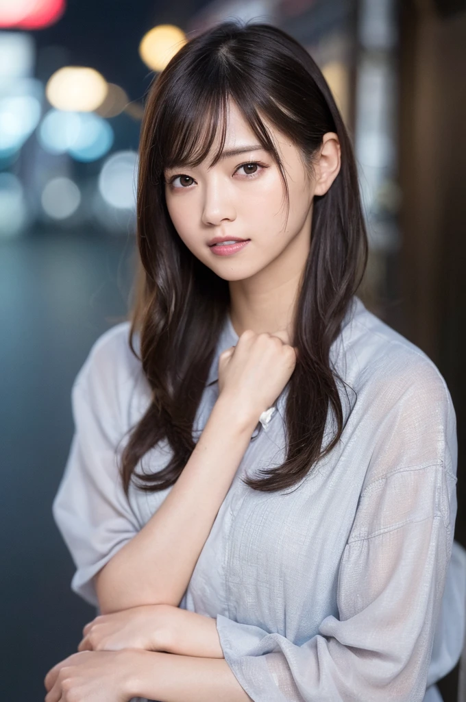 random pose, mix 4, (8K, RAW photo, highest quality, masterpiece: 1.2), (realistic, realistic: 1.37), a girl, cute, cityscape, night, rain, Wet, professional lighting, photon mapping, radio city, Physically based rendering, gradient brunette, gray hair, short curls, good looking, girl, White jersey, high quality photos, High resolution, 1080P, (clean face), (Detailed facial description), (detailed description of hands), (masterpiece), (Detailed CG), extreme light and shadow, messy hair, masterpiece, Rich details, (detailed facial features), (highest qualityの写真), (masterpiece), (fine eyes), looking in front of me, thin clavicle, medium breasts