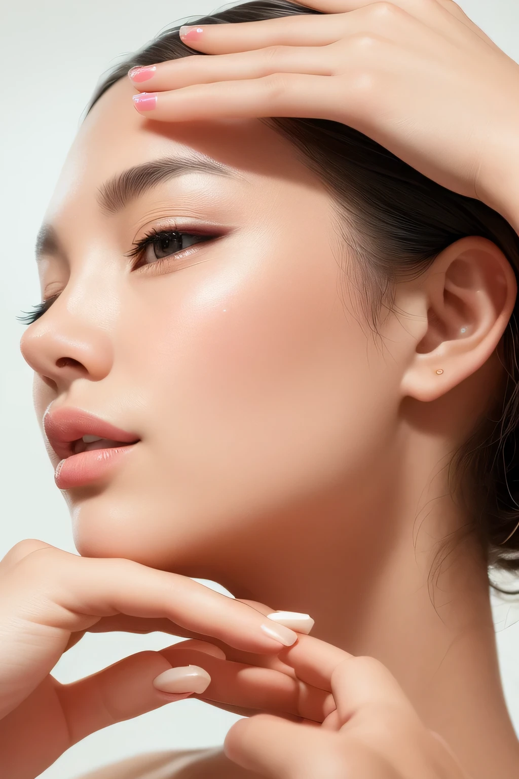 Araf woman puts her hands on her head and touches her face, woman with porcelain skin, transparent, energetic, glowing skin, Smooth and glowing skin, Smooth porcelain skin, Gives skin a natural glow, Protruding cheekbones, radiant skin face, glowing porcelain skin, Protruding jawline, Defined jawline, shiny skin, detailed face of a asian girl, asian face