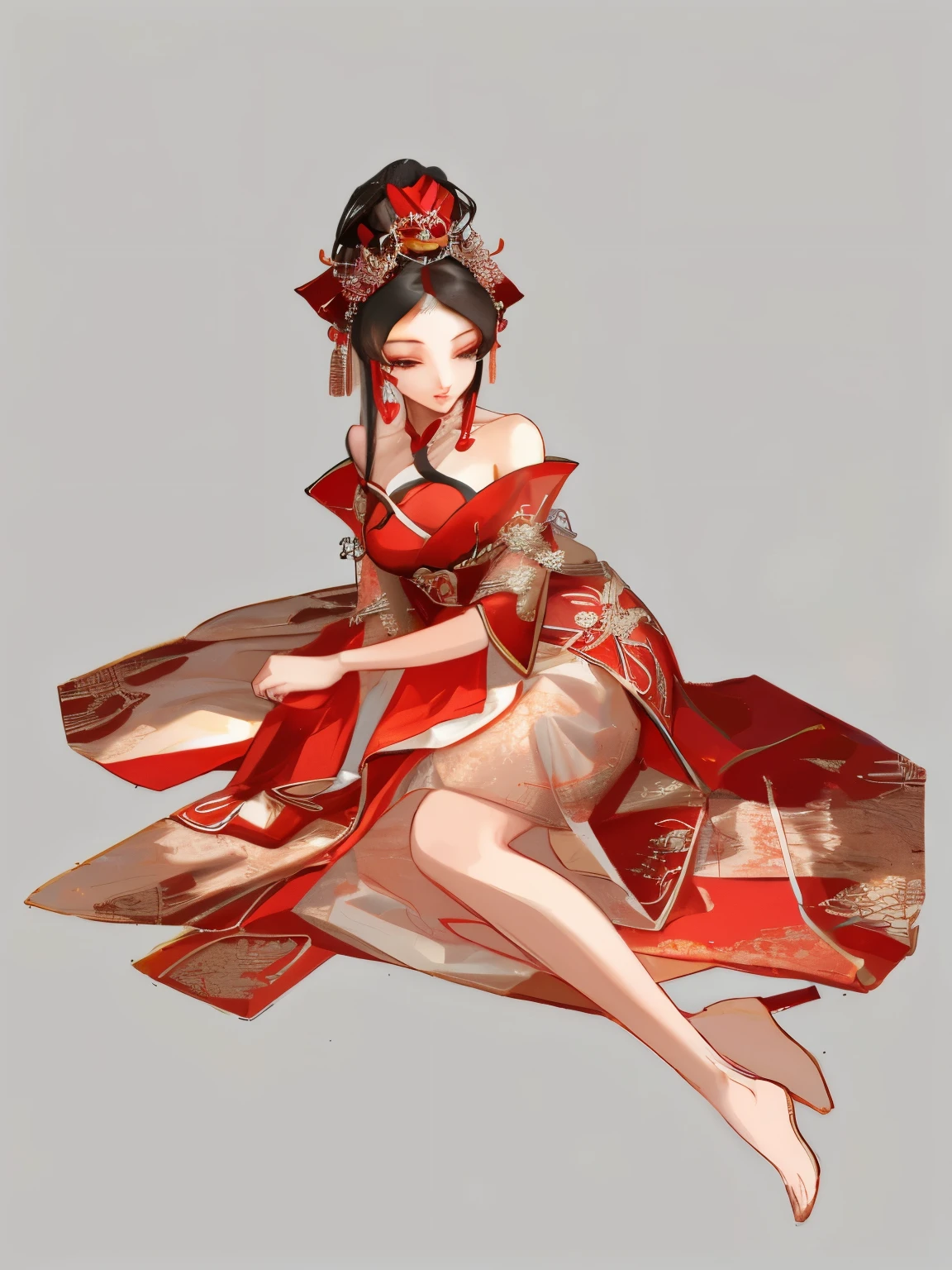 Alafid woman in red dress sitting on gray surface, Queen of China, Beautiful rendering of the Tang Dynasty, ancient chinese princess, palace , A girl wearing Hanfu, beautiful fantasy queen, chinese princess, bare shoulders。Charming and sexy geisha, hanfu, Pair with Chinese clothing, Inspired by Lan Ying, wearing chinese clothes, Wearing gorgeous silk clothes