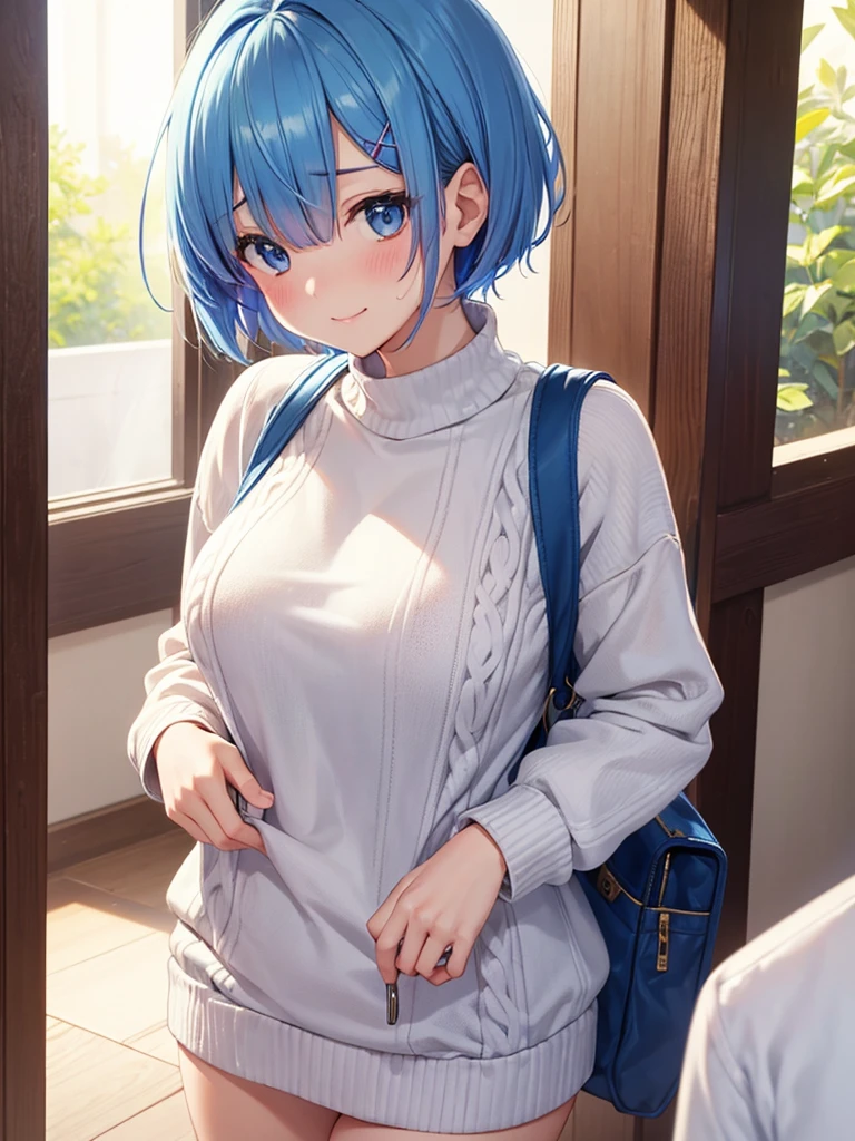 masterpiece,highest quality,High resolution ,1 girl,Rem, Re Zero, blue hair, short hair,straight hair, ((thin)),big breasts,white skin,sweater(Uncool),カラフル sweater,不思議な柄のsweater,clothing:sweaterのみ,more_detailed:-1, more_detailed:0, more_detailed:0.5, more_detailed:1, more_detailed:1.5,bags under eyes,smile, embarrassed face,
