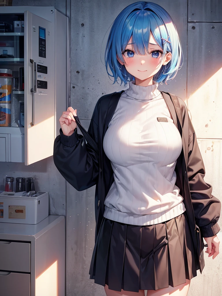 masterpiece,highest quality,High resolution ,1 girl,Rem, Re Zero, blue hair, short hair,straight hair, ((thin)),big breasts,white skin,sweater(Uncool),カラフル sweater,不思議な柄のsweater,clothing:sweaterのみ,more_detailed:-1, more_detailed:0, more_detailed:0.5, more_detailed:1, more_detailed:1.5,bags under eyes,smile, embarrassed face,