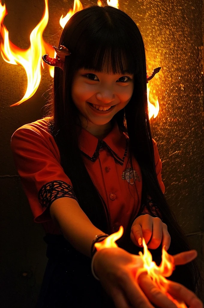 a teenage girl, capturing a selfie with a smile in the depths of hell, (ethereal flames:1.25), (youthful in hell:1.3), (chilling details), (darkly cheerful), (ghostly ambiance:1.2), (traditional Japanese horror:1.2), (devilish hair details:1.14), (elegantly eerie), ((supernatural joy))
