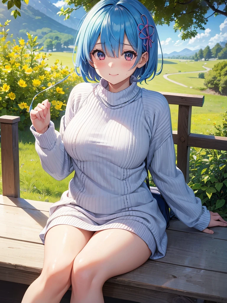 masterpiece,highest quality,High resolution ,1 girl,Rem, Re Zero, blue hair, short hair,straight hair, ((thin)),big breasts,white skin,sweater(Uncool),カラフル sweater,不思議な柄のsweater,clothing:sweaterのみ,more_detailed:-1, more_detailed:0, more_detailed:0.5, more_detailed:1, more_detailed:1.5,bags under eyes,smile, embarrassed face,