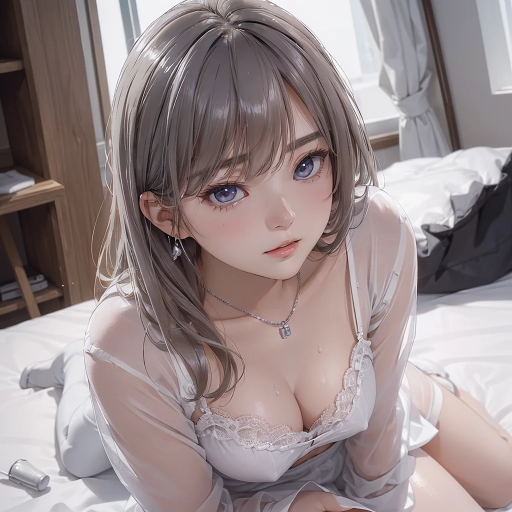 (masutepiece: 1.3), (max resolution: 1.2), (Ultra HDTV: 1.2), cinematric light, 8K resolution, Detailed eyes and skin, detailed facial features, , (Sharp Focus: 1.2), (Focus on Face:1.2),Perfect Style, Beautiful face, acurate, Anatomically correct, ノ Highly detailed facial and skin texture, Detailed eyes, Double eyelids, Thin eyebrows, Glitter Eyeliner: 1 Natural cheeks, Glossy skin, Fair skin: 1.2, (Glossy lips: 1.4),、 (Shy look: 1.2),Highly detailed facial and skin texture, Detailed eyes, Double eyelids, Natural cheeks, , shiny lips: 1.4,Exposed cleavage、Sperm taken、Overflowing sperm、Flowing sperm、 red blush、humiliated、impatience、dismay、Frightened、glares、Sexually arousal、Provocation、embarrassed from、Open knees、open one's legs、 White underwear、White bra、Shiny little earrings and necklaces、Disheveled clothes、Dressing、Exposed panties、Wearing sweat、sodden、Sheer underwear、Stockings、 18 instars, Neat and clean woman,1 persons、 upturned breasts, Bedroom、(Lying next to you in bed:1.8)、From above、deep in the night、sexy pose、White-silver hair、a blond、A dark-haired、Blue ash eyes、Green ash eye、glares表情、full of sweat、