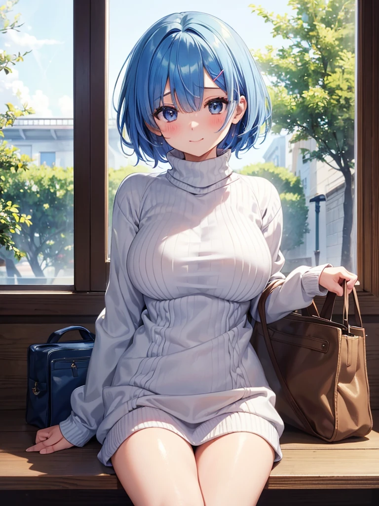 masterpiece,highest quality,High resolution ,1 girl,Rem, Re Zero, blue hair, short hair,straight hair, ((thin)),big breasts,white skin,sweater(Uncool),カラフル sweater,不思議な柄のsweater,border,stripe,clothing:sweaterのみ,more_detailed:-1, more_detailed:0, more_detailed:0.5, more_detailed:1, more_detailed:1.5,bags under eyes,smile, embarrassed face,