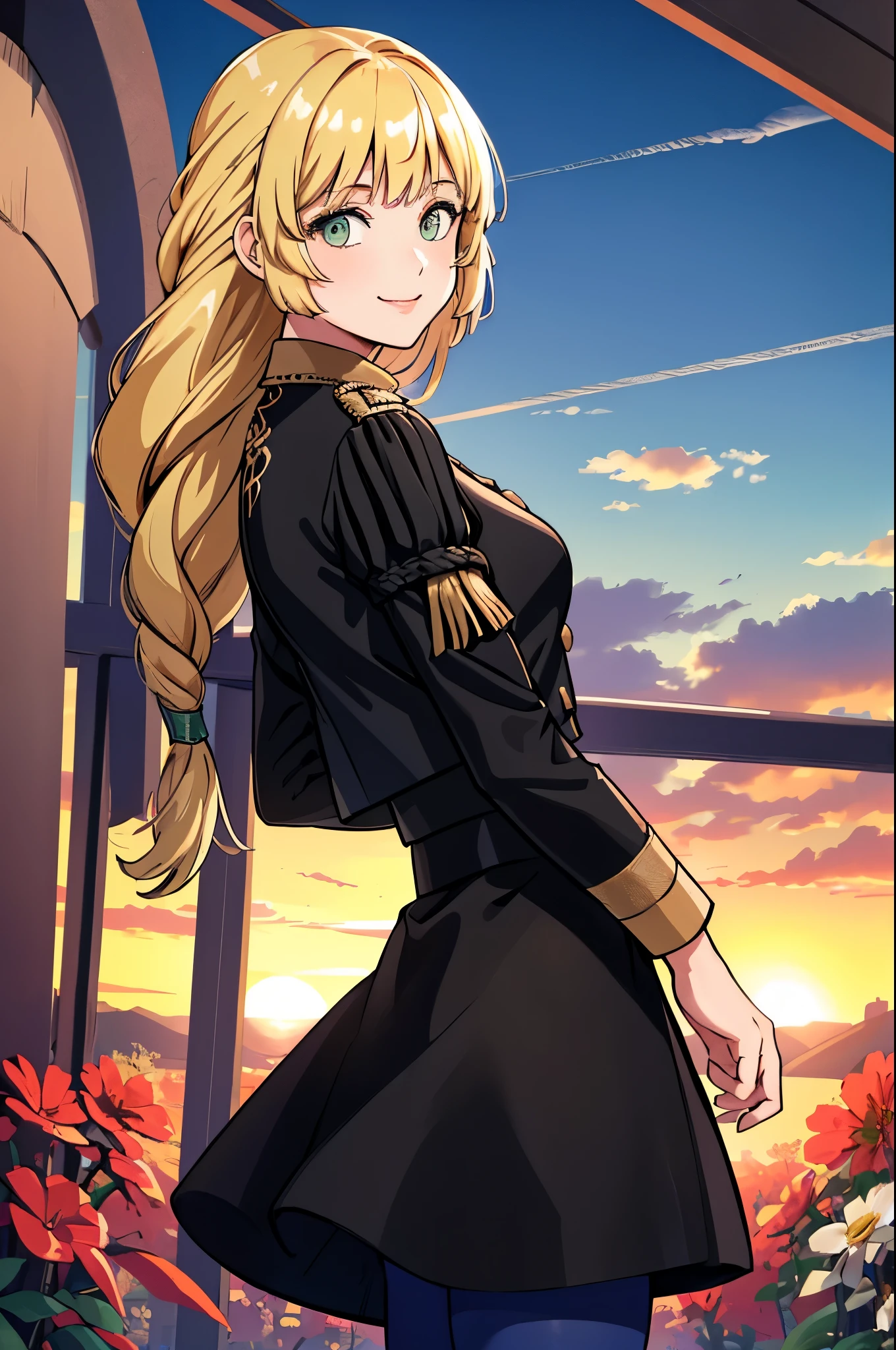 masterpiece, best quality,  defingrid, bangs, braided ponytail, black jacket, black skirt, blue pantyhose, cowboy shot, from side, looking at viewer, smile, clouds, sky, field, sunset