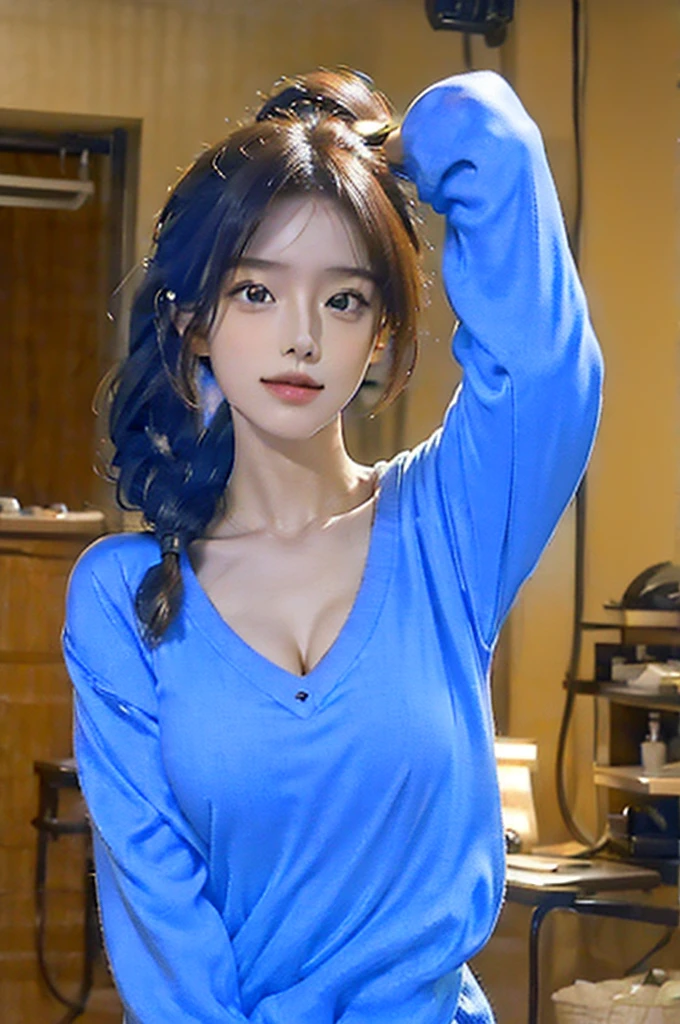 ((Best quality, 8k, Masterpiece :1.3)), 1girl, Pretty woman with emphasizing slender abs :1.3, (random hairstyles, Huge breasts :1.2), Casual outfit :1.2, Indoor, Ultra-detailed face, Detailed eyes, Double eyelid,tennis wear