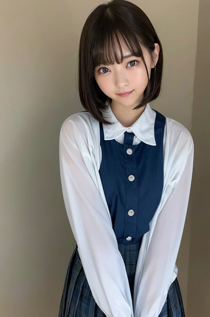 Masterpiece, Top Quality, Top Mikoto, brown eyes, short hair, small breasts, looking at viewer, alone, closed mouth, collared shirt, beige knit vest, dark blue  Skirt, school_uniform, shirt, white_shirt, classroom,Masterpiece, highest quality, 8K, detailed skin texture, fine cloth texture, beautiful detailed face, intricate details, super detailed,cute,cute posing,composition that shows the whole body,