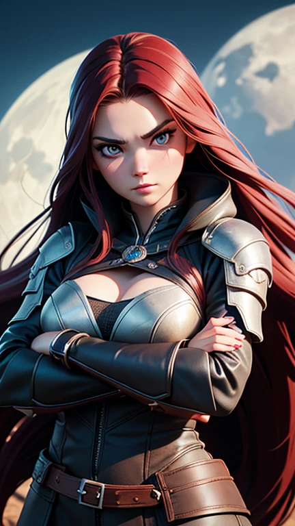 hyperrealistic digital artwork of female assassins, long red flowing hair, smooth skin, crossed arms, dark leather armor,  full moon, windy, 3D texture, 8k, matte painting, cinematic, artgerm, wlop, rutkowski, Jay Anacleto, Audrey Kawasaki, Ilya Kuvshinov, Tom Bagshaw, best quality, award winning, masterpiece