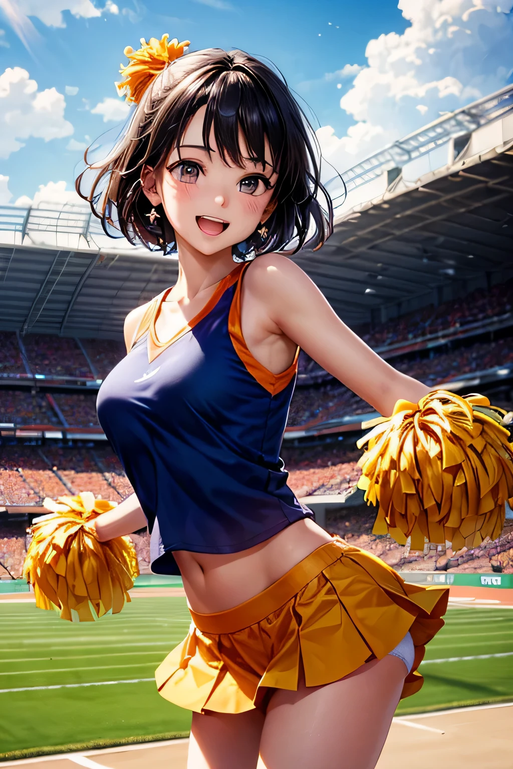 very cute and beautiful cheerleader girl,(very detailed美しい顔と目:1.2),(holding a pom pom:1.13),(smile),
(Stadium Stand),cowboy shot,dynamic pose,white panties,(orange sleeveless shirt),beautiful feet,dynamic angle,black hair,
(highest quality,masterpiece:1.2),intricate details,very detailed,super detailed,High resolution,looking at the viewer,
Natural light,hair blowing in the wind,beautiful and detailed sky,