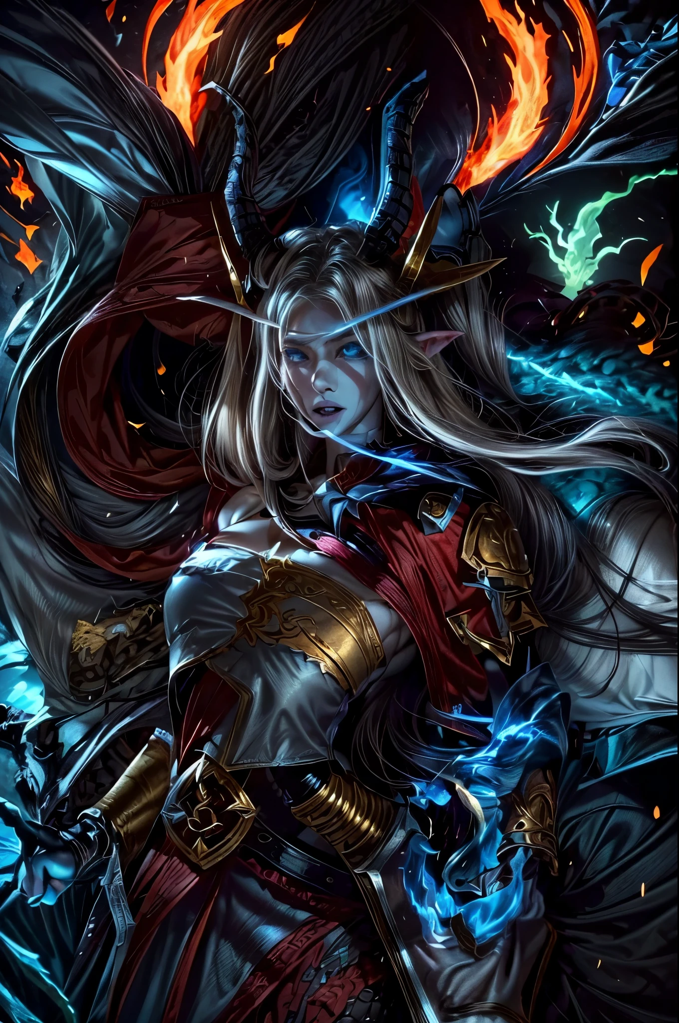 a close up of a woman in a costume with a dragon on her back, intimidating woman, sylvanas windrunner, north adult female warrior, black fire color reflected armor, intimidating stance, female revenant, from world of warcraft, appears as the fire goddess, deathknight, alexstrasza, wearing cloak on blasted plain, death knight, north female warrior