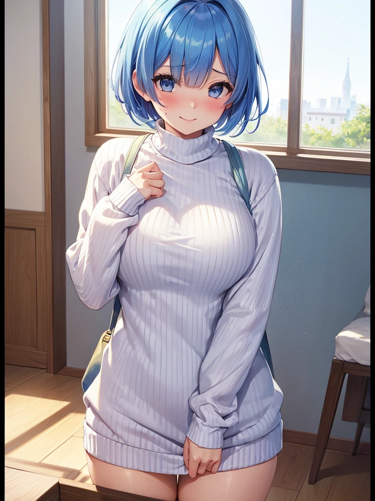 masterpiece,highest quality,High resolution ,1 girl,Rem, Re Zero, blue hair, short hair,straight hair, ((thin)),big breasts,white skin,(sweater(Uncool),カラフル sweater,不思議な柄のsweater),((border,stripe)),(clothing:sweaterのみ),bags under eyes,smile, embarrassed face,