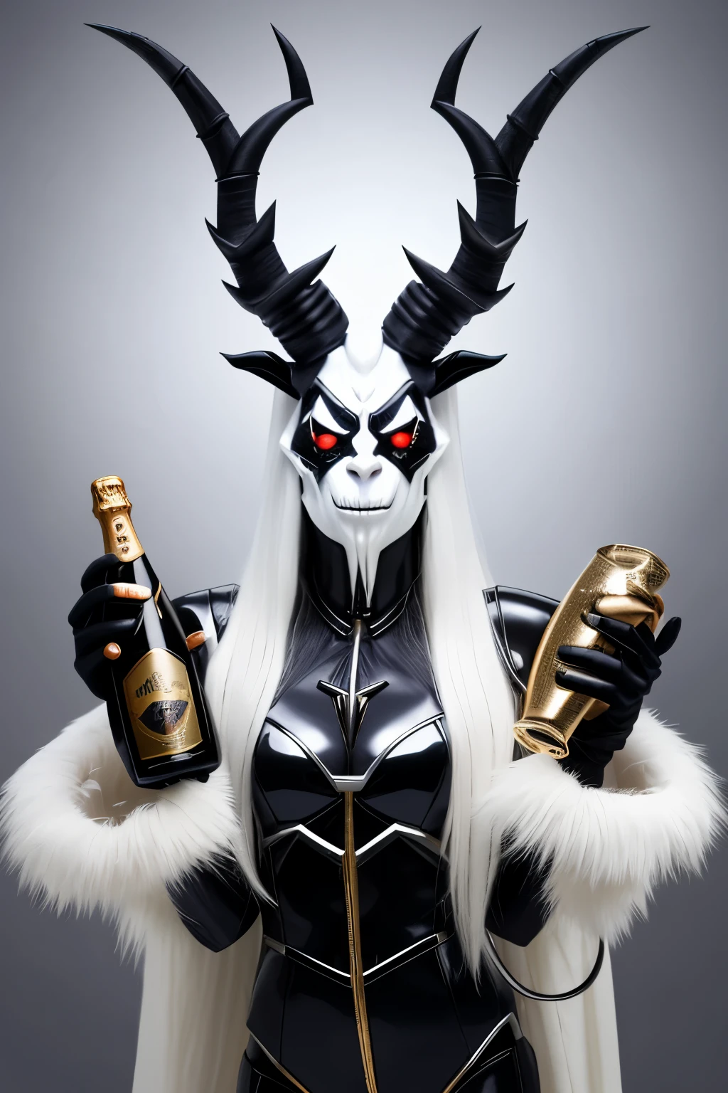 woman in a suit holding a bottle of champagne and a goat mask, demon queen with white horns, fantasy photoshoot, Champagne advertising, chaos nightmare ❄️ amour venom, cyborg jackalope cyberpunk, horns and red eyes, in style of wold of warcraft, Knight Drinking Beer, Demonic white horns, with horns, drink champagne, amouranth as a super villain, Krampus