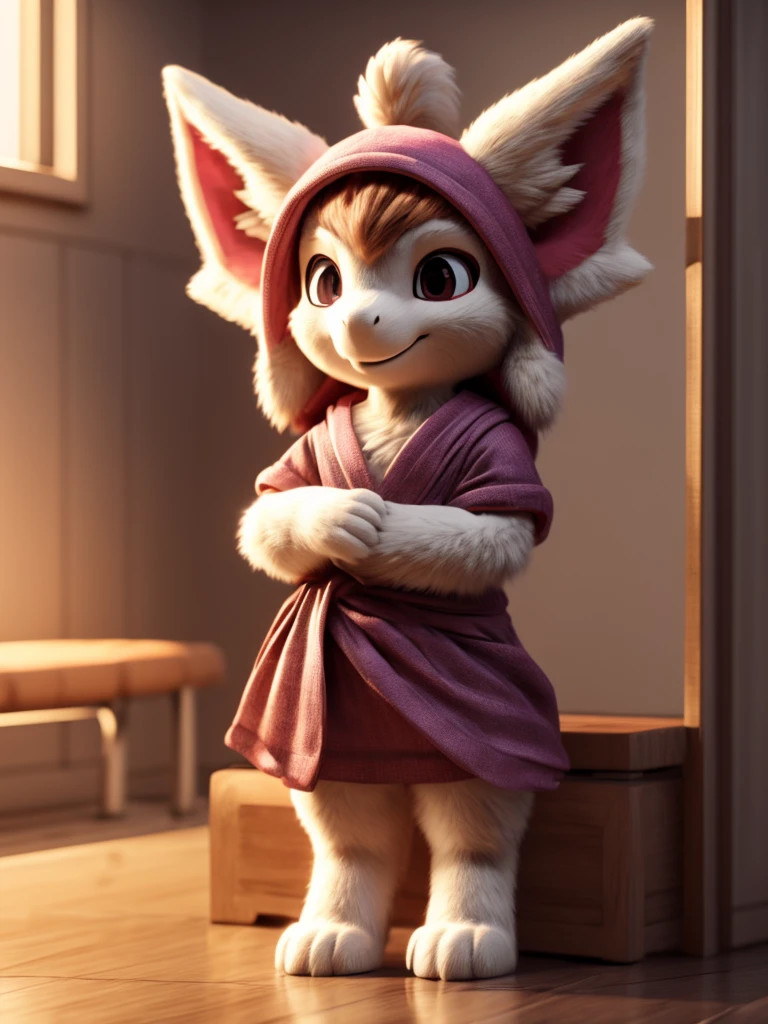 ((best quality)), ((masterpiece)), (detailed), perfect face, solo, anthro, mammal, , long hair, 3d (artwork), female, grey background, clothing, hi res, fur, background, clothed, digital media (artwork), audino, pokemon, smile, portrait, hospital, bench, photorealistic, fairy, ears down, drooping ears, holding out paw in front of it