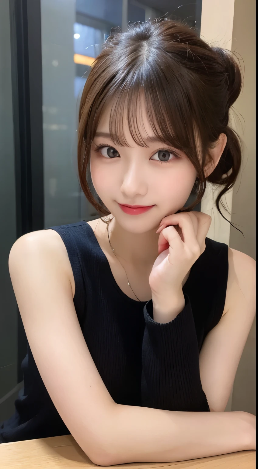table top, highest quality, shape, Super detailed, finely, High resolution, 8k wallpaper, 完璧なダイナミックな構shape, beautiful and detailed eyes, Trendy Women's Winter Fashion,ponytail,small breasts natural color lip, sexy pose,smile,Harajuku、20 year old girl、sexy look for the camera