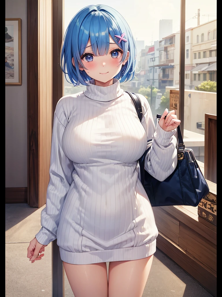 masterpiece,highest quality,High resolution ,1 girl,Rem, Re Zero, blue hair, short hair,straight hair, ((thin)),big breasts,white skin,(sweater(Uncool),カラフル sweater,不思議な柄のsweater),((border,stripe)),(clothing:sweaterのみ),bags under eyes,smile, embarrassed face,