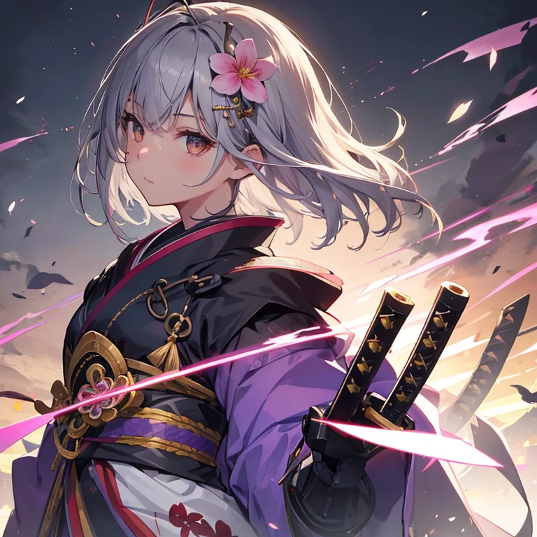 one girl、solo、bust、Gaze averting、gray hair、hair ornaments、kimono、Cyber worldview、Hold in hand、short hair、brown eyes、From the side、Upper body、(With weapons、knife、Katana)、gem、flower、髪のflower、beautiful fingers