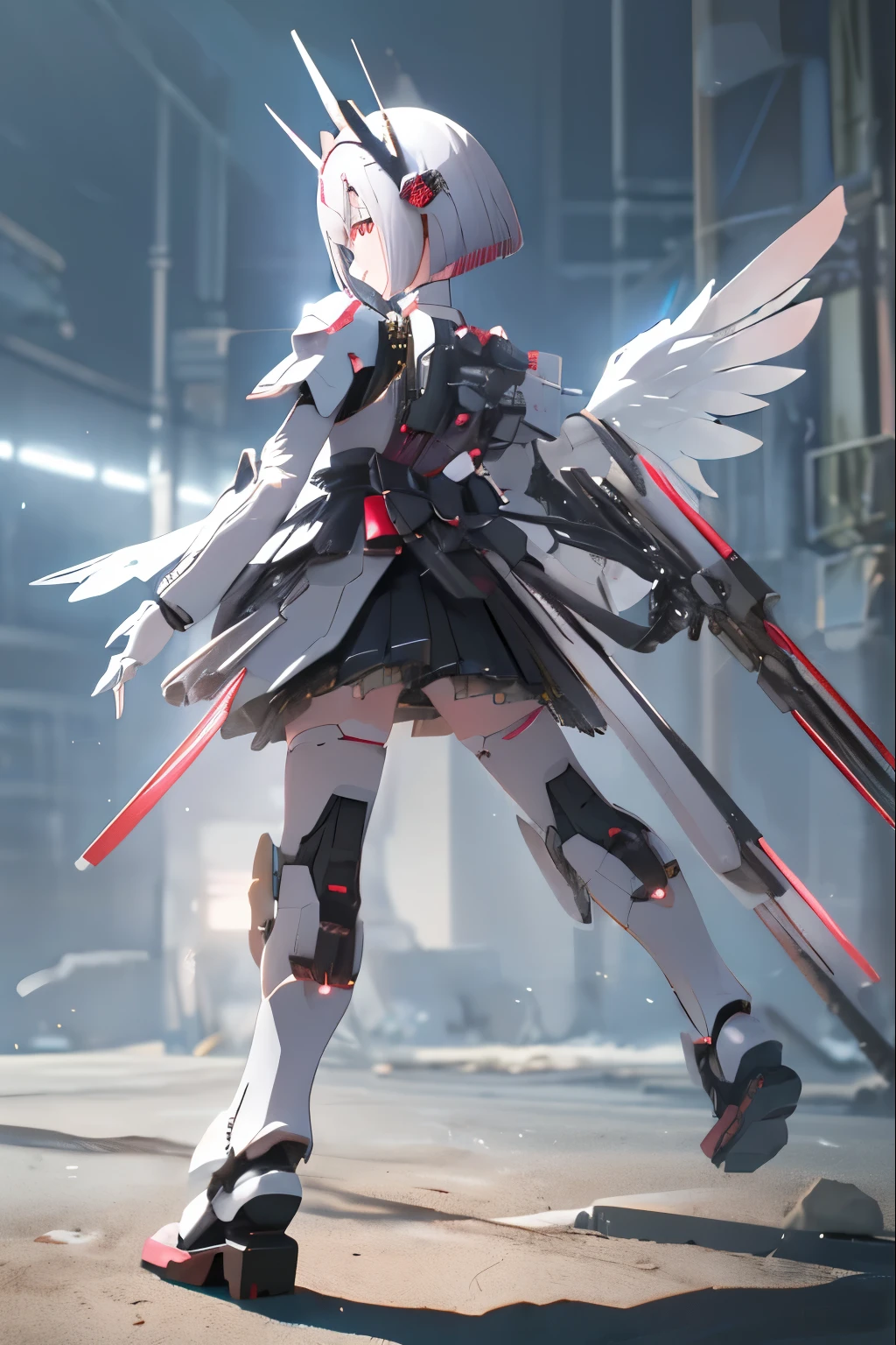 (highest quality)), ((masterpiece)), (very detailed: 1.3), 3D, {(japanese young girl)}, japanese girl wear gothic lolita clothes with white frills under armor, wears a futuristic Gundam mecha,(Gundam), with headgear, with v-fin , armored shoulders,armored under arms, armored under legs, multilayer textureperfect proportions, octane rendering, duotone lighting, Low ISO, wide aperture, White balance, Rule of thirds, ultra HD16k, HDR (High Dynamic Range), Ray Tracing, NVIDIA RTX, Super Resolution, Subsurface Scattering, PBR Texturing, Post Processing, Anisotropic Filtering, Depth of Field, Maximum Clarity and Clarity, High efficiency subpixel, subpixel convolution, particles of light, light scattered, Tyndall effect, full body:1.5, flying pose, cute, (cute:1.2), (bob cut:1.3),Braid, Black Hair, Thick eyebrows, Light-colored irises, Big, bright black eyes, Long eyelashes, Small, light-colored, natural lips, (Average face of Japanese idols), (The uniquely Japanese childlike face:1.3), (baby face), Wide forehead:1.2, Plump Cheeks, Small jaw, visible side boob, (mechanical wings),in the sky,(shoot from behind:1.5),(shoot from below), looking back,looking at viewer,Focus on the eyes ,Looking up at her from the soles of her feet,open legs,
