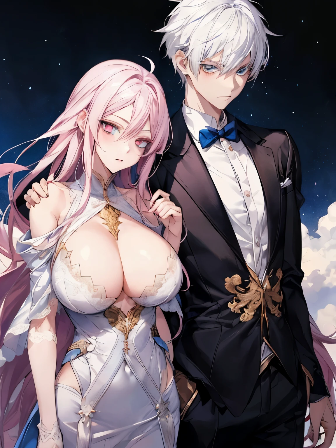 A boy with white hair and blue eyes and a girl with long pink hair golden eyes and big breasts