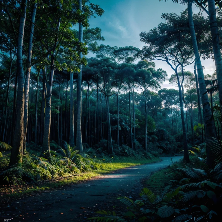 Watercolor tropical blue forest at dusk