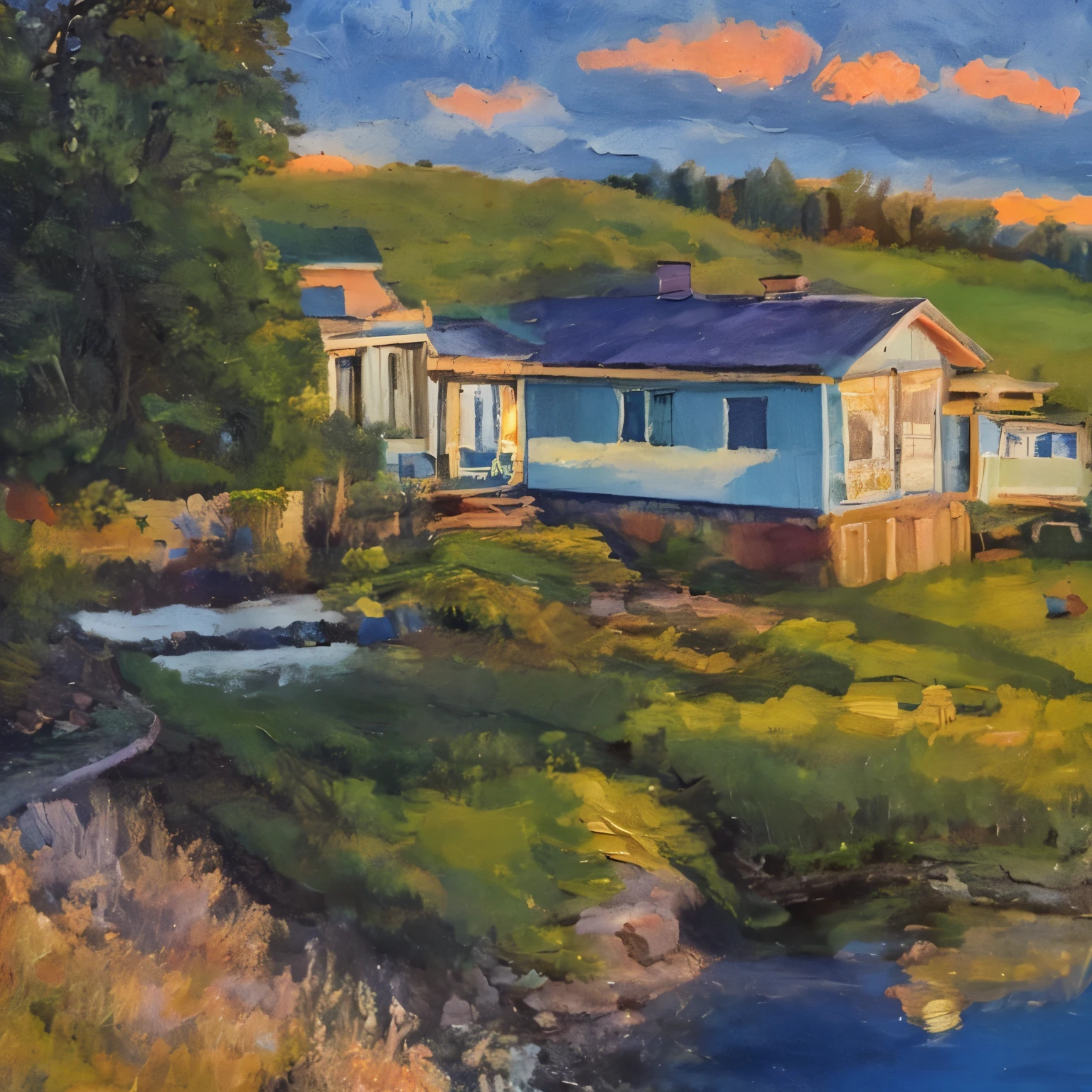 a painting of wooden house near a river, blue hour, sunset, long shadows, sunset light, highly detailed, sharp focus, professional, 4k, max detail, god rays, highres,high detail, sharp focus, smooth, aesthetic, extremely detailed