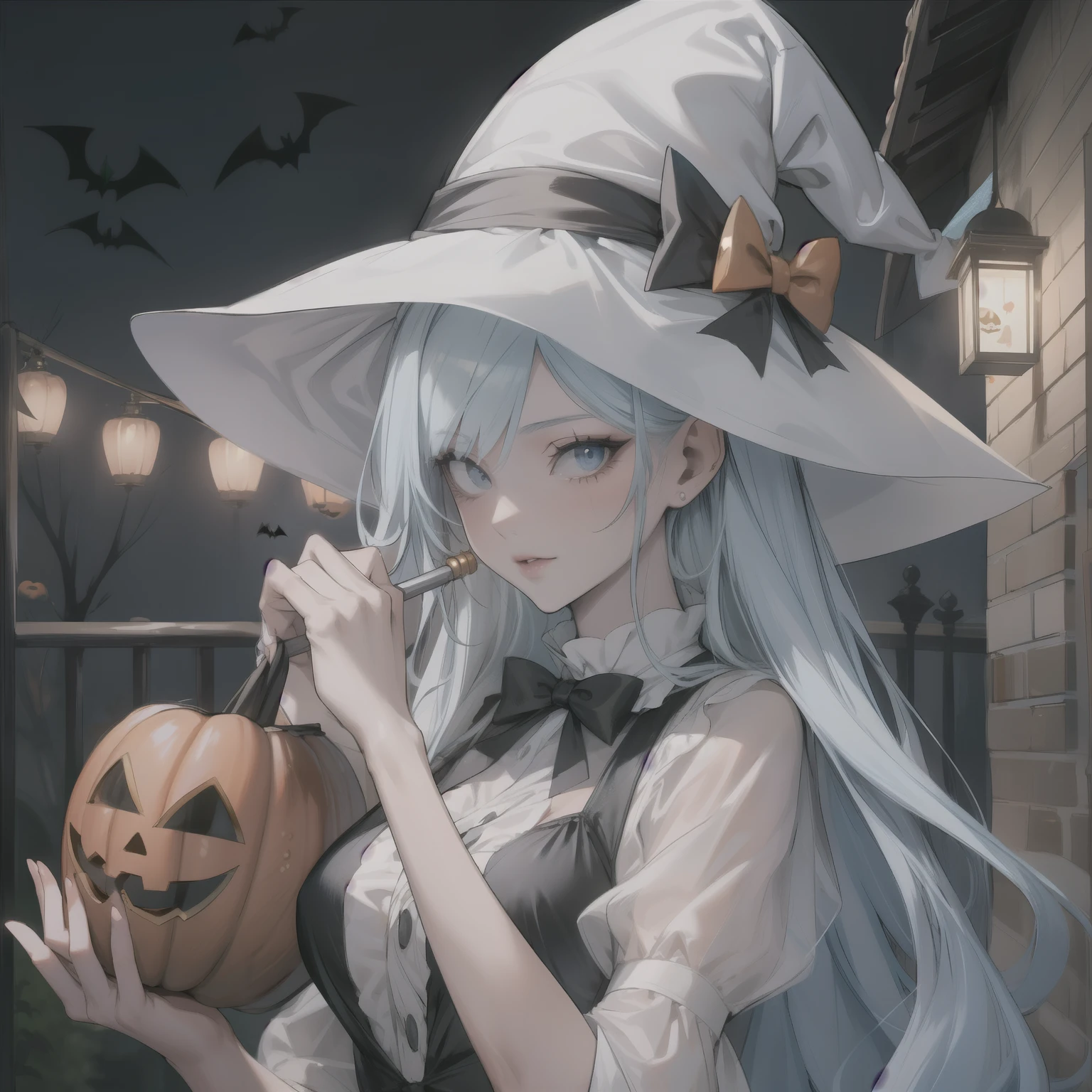 Woman with long light blue hair handing out candy during Halloween, adult, medium size breast, wearing sexy Halloween costume