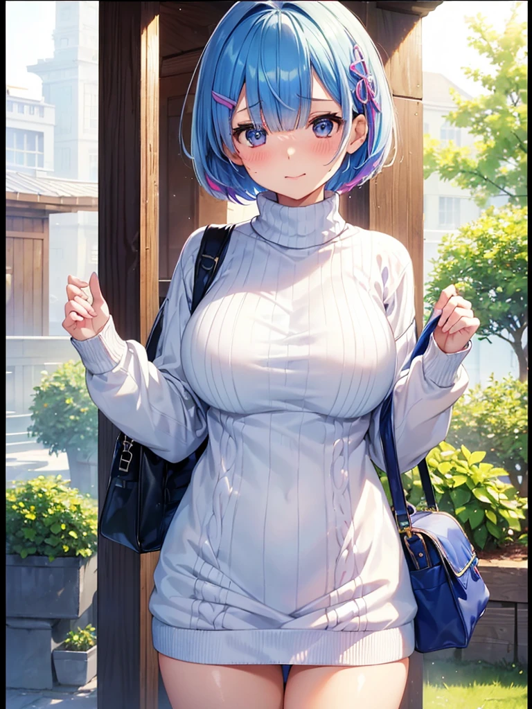 masterpiece,highest quality,High resolution ,1 girl,Rem, Re Zero, blue hair, short hair,straight hair, ((thin)),big breasts,white skin,(sweater(Animal pattern),胸にAnimal pattern柄のsweater),((stripe)),(clothing:sweaterのみ),bags under eyes,smile, embarrassed face,
