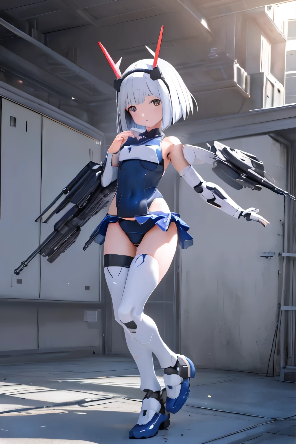 (highest quality)), ((masterpiece)), (very detailed: 1.3), 3D, {(1 girl)}, (wear dark blue Old School Swimsuit under armor:1.2), unarmored waist, wears a futuristic white Gundam mecha,(Gundam), with headgear, with v-fin , armored shoulders,armored under arms, armored under legs, dark blue Old School Swimsuit, multilayer textureperfect proportions, octane rendering, duotone lighting, Low ISO, wide aperture, White balance, Rule of thirds, ultra HD16k, HDR (High Dynamic Range), Ray Tracing, NVIDIA RTX, Super Resolution, Subsurface Scattering, PBR Texturing, Post Processing, Anisotropic Filtering, Depth of Field, Maximum Clarity and Clarity, High efficiency subpixel, subpixel convolution, particles of light, light scattered, Tyndall effect, full body:1.5, battle pose, cute, (cute:1.2), (bob cut:1.3),三つ編み, 黒髪, 太い眉毛, 薄い色の虹彩, 大きくて輝いている黒い瞳, 長いまつげ, 小さく薄い色の自然な唇, (Average face of Japanese idols), (日本人特有の童顔:1.3), (baby face), 広いおでこ:1.2, ふっくらした頬, 小さな顎, in the hangar,looking at viewer,Focus on the eyes