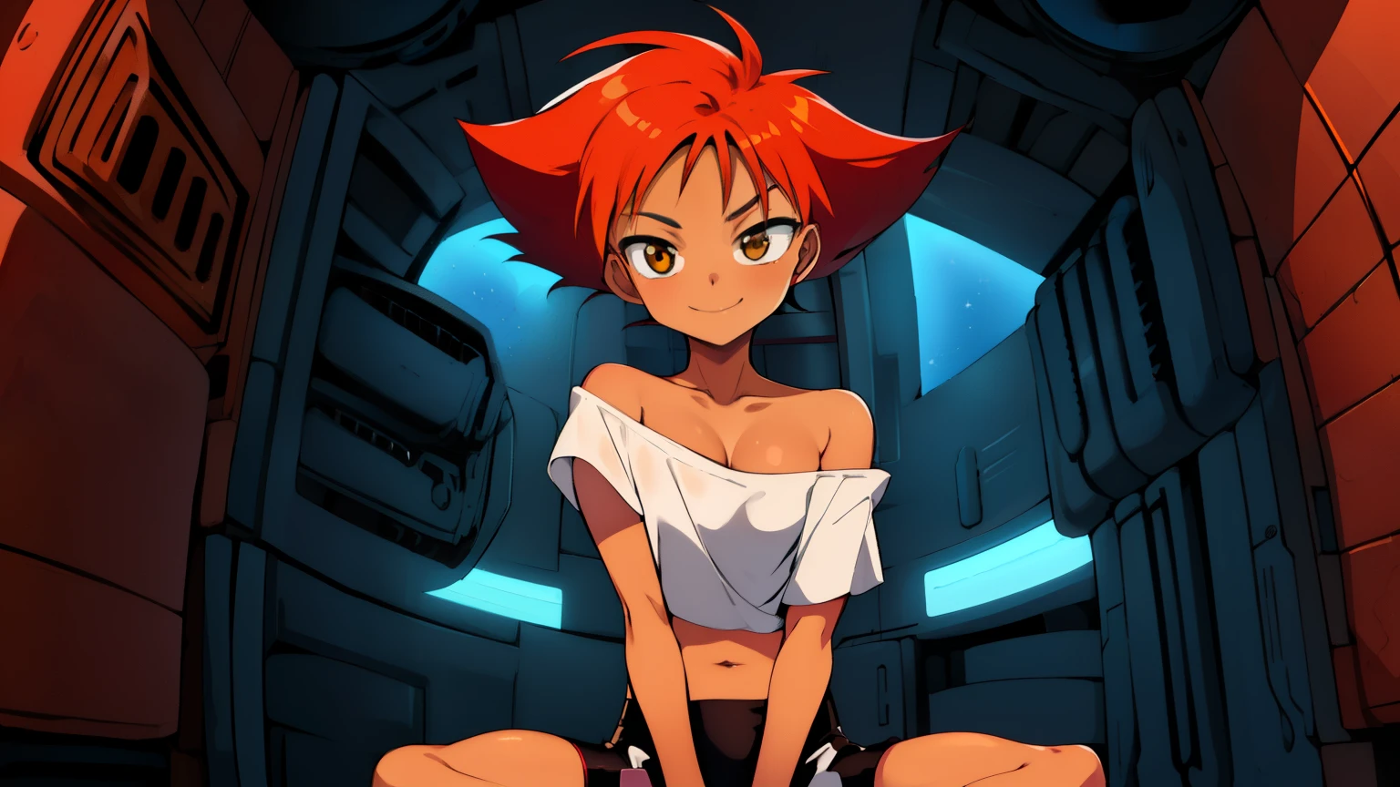 Edward,midriff,orange hair,white shirt,off shoulder,collarbone,tan skin, black bike shorts,goggles, brown eyes, space station,engine room, upper body,sitting, (((lotus position)))smiling, bedroom eyes, breasts, cleavage (insanely detailed, beautiful detailed face, masterpiece, best quality), ((18 years old))