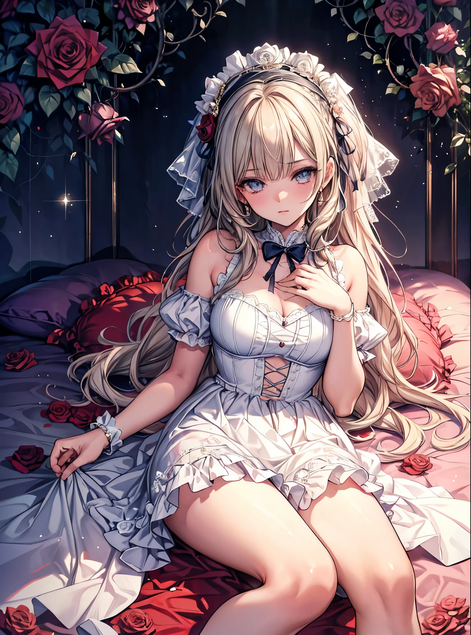 masterpiece, highest quality, High resolution, SA1, dress with ruffles, Sparkly eyes, thighs, false eyelashes, Cute atmosphere, straight hair, ribbon,  lie down on a bed of roses, lots of roses,