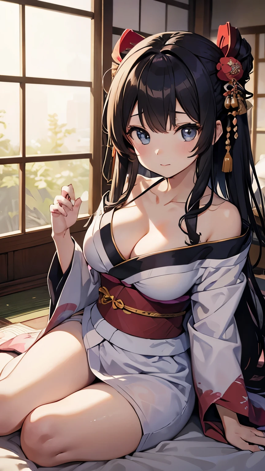 8K、masterpiece、High resolution、disorganized、Natural volumetric lighting and best shadows、deep い is written in the depth of the world、sharp focus、Soft, delicate and beautiful attractive face、Cute Girl Anime、Very cute girl、big breasts with cleavage、((luxurious japanese kimono))、half up、(Japanese style hair accessories、Hairpin)、lying on futon