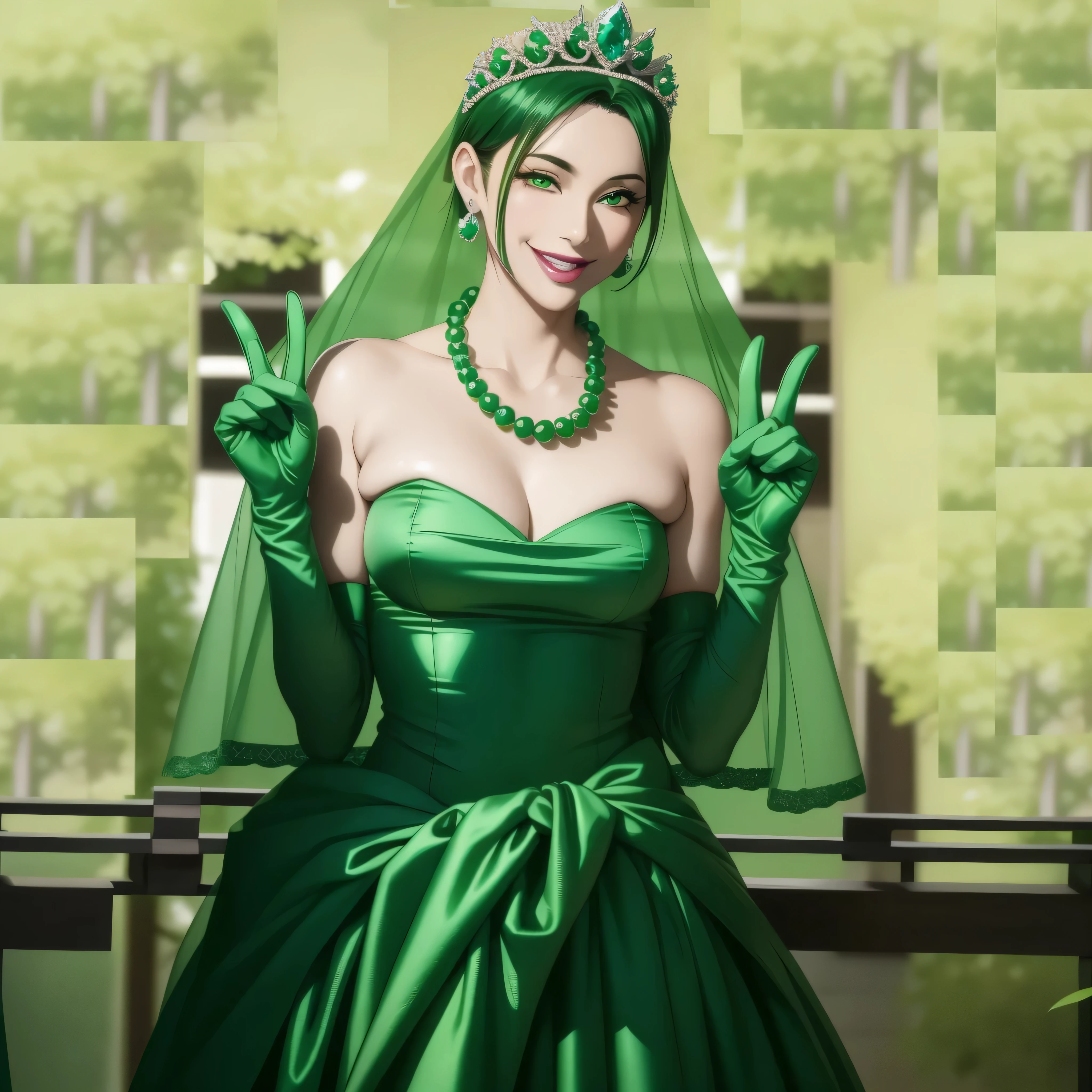 beautiful mature japanese woman, finger details, beautiful hands,emerald tiara, green pearl necklace, boyish very short green hair, lipstick, smiling Japanese woman, very short hair, big breasts beautiful, green eyes, Long Green Satin Gloves, green eyes, emerald earrings, green veil, V sign