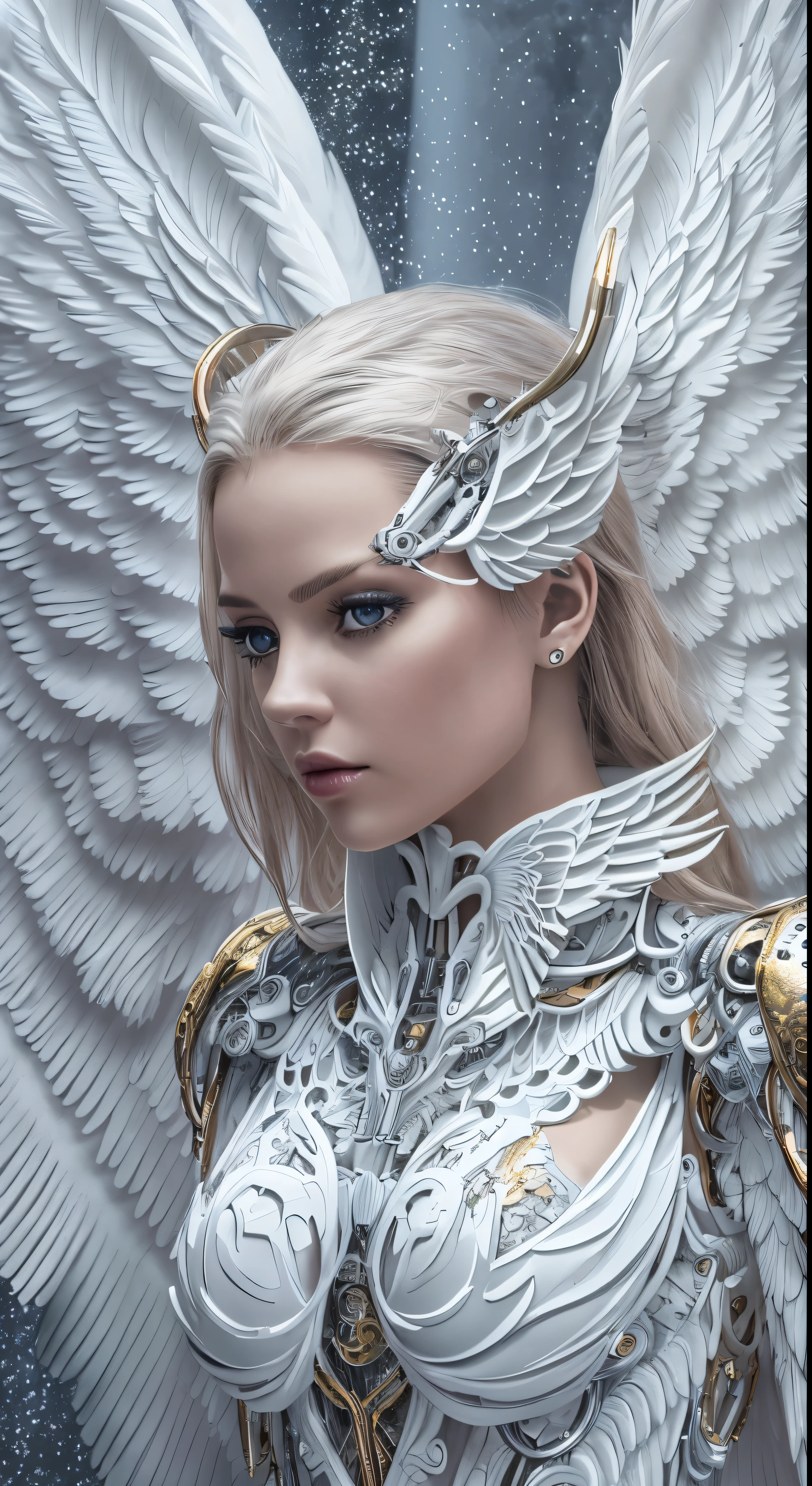 a close up of a woman in a white dress with wings, Full body angels, futuristic robot angel, Magnificent Angel Wings, angel knight gothic girl, angel in plastic armor, intricate costume design, As a mysterious Valkyrie, whole body made of white feathers,,, futuristic and fantastic, white wings, beautiful angelic wings, steampunk angel, beautiful cyborg angel girl, Graceful wings